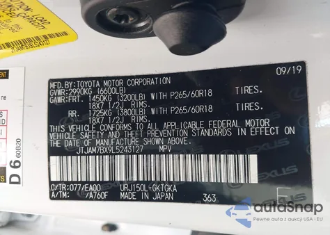 2020 Lexus Gx 460 Premium z USA, uszkodzony, nr VIN JTJAM7BX9L5243127